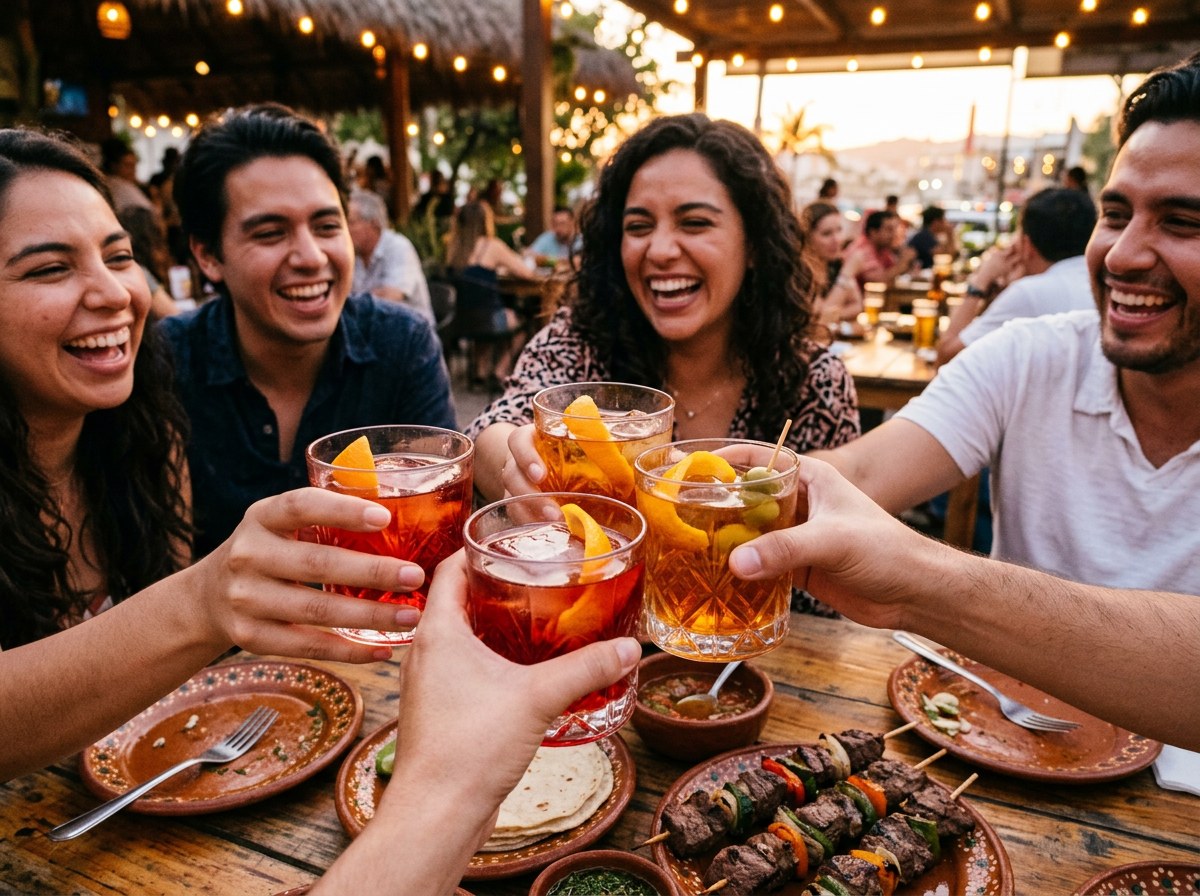 Grupo de amigos chocando vasos de Bavaroni y Vermut en las rocas