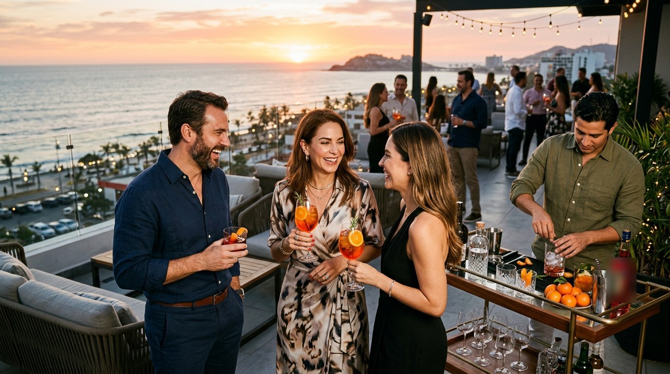 Invitados disfrutando Spinoza Spritz y Vermut BÁVARA en un Open House al atardecer en Mazatlán