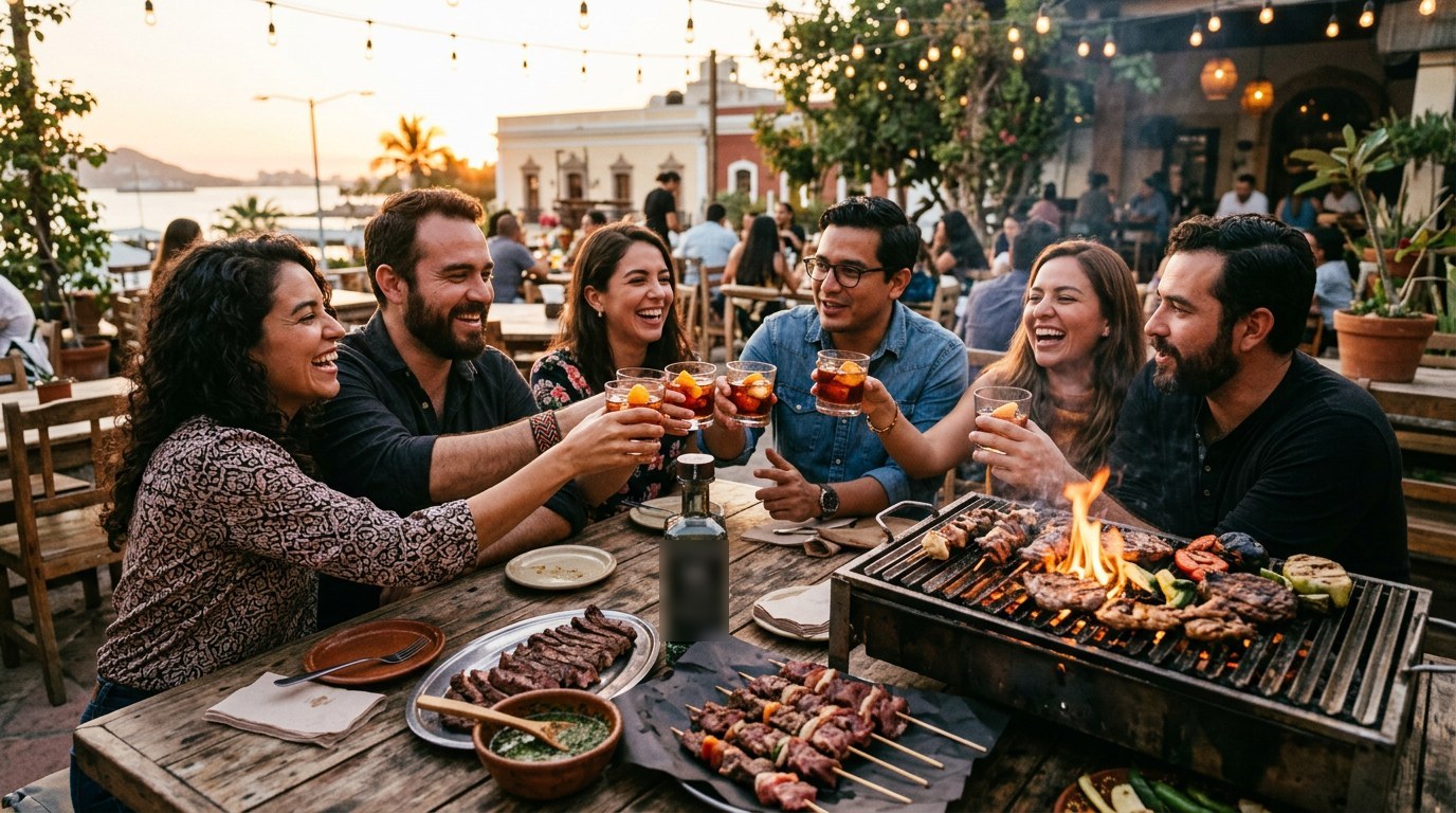 Amigos brindando con Vermut BÁVARA y asado en pinchos en Mazatlán