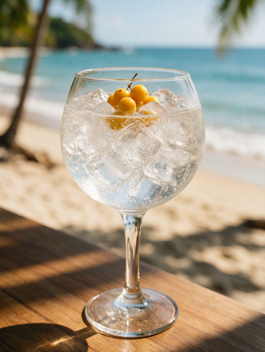 Gin & tonic con BÁVARA Gin Tropical (escena generada)