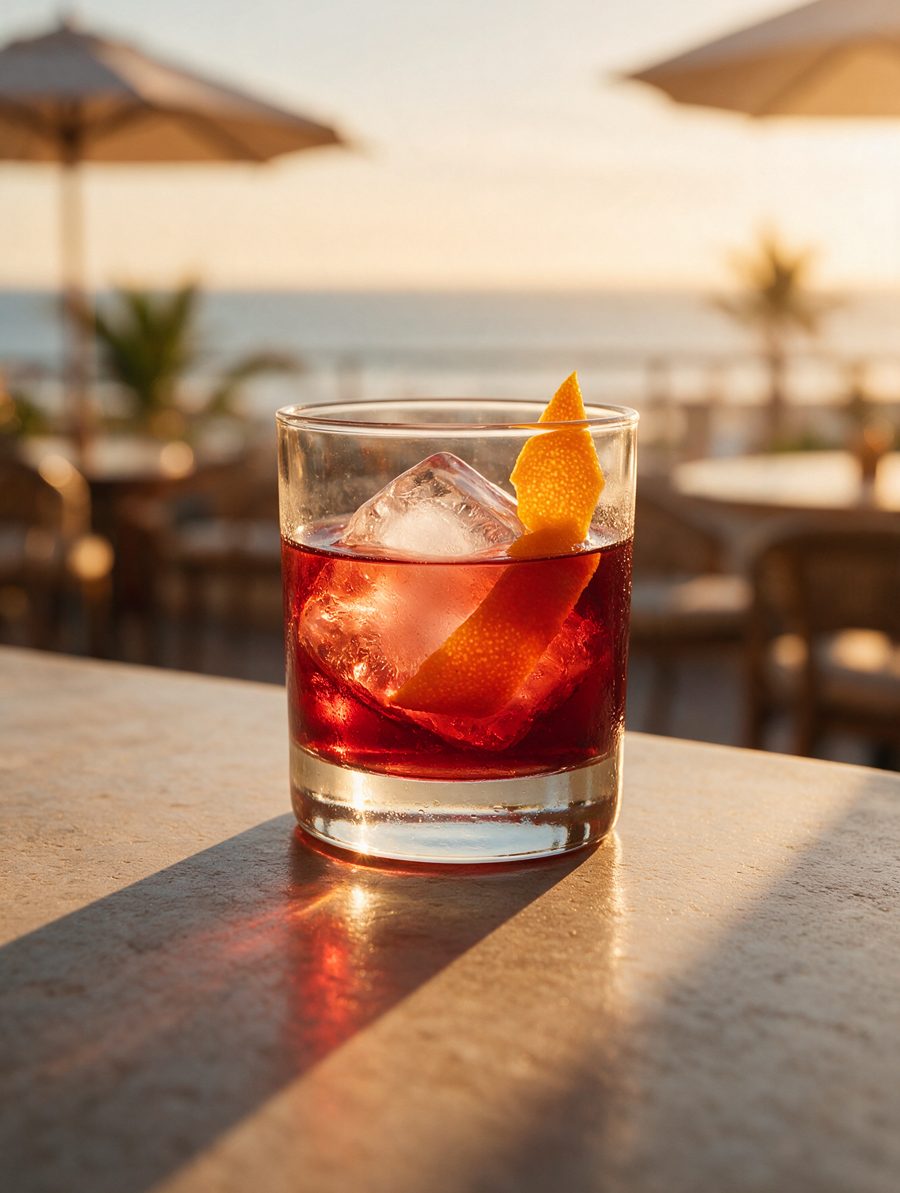 Vermut Rosso en las rocas con twist de naranja (escena generada)